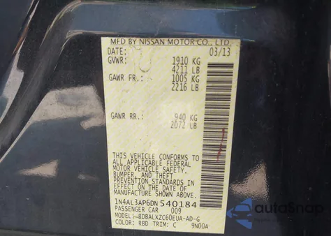 2013 Nissan Altima 2.5/S/Sv/Sl из США, поврежденный, VIN 1N4AL3AP6DN540184